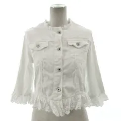 リナシメント RINASCIMENTO デニムジャケット ノーカラー クロップド丈 フリンジ 七分袖 レース切替え ストレッチ コットン混 ホワイト 白 XS