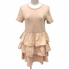 ザラ ZARA ワンピース フレア ミニ ティアード 半袖 M ベージュ /YK