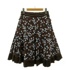 クレージュ courreges スカート タック フレア ハート柄 ロゴ ミディ丈 ベロア切替え ブラウン 茶 ホワイト 白 ブルー系 水色 40