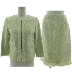 シップス SHIPS スーツ フォーマル セレモニー ジャケット ノーカラー スカート ストレート ミディ丈 フリンジ ツイード 日本製 コットン混 グリーン系 黃緑 オフ白 M