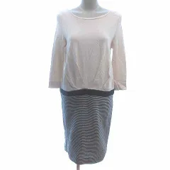 グリーンレーベルリラクシング ユナイテッドアローズ green label relaxing ワンピース ひざ丈 ドッキング ボーダー 長袖 40 L アイボリー 白 ホワイト 紺 ネイビー /YK