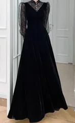 Ladys Marron ドレス ブラック 無地 レース ビジュー 長袖 ロング・マキシ丈 フレア