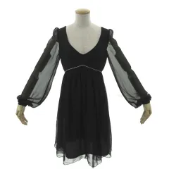 ジルスチュアート JILL STUART ワンピース チュール Vネック 長袖 シースルースリーブ ひざ丈 パイピング ギャザー ブラック 黒 シルバー 4