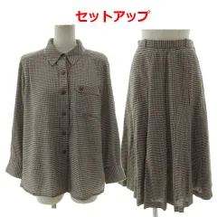 レリアン Leilian セットアップ シャツ 胸ポケ 長袖 スカート タック フレア ミモレ丈 シルク混 チェック ブラウン 茶 ベージュ ブラック 黒 9