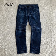 未使用級 AKM ブラックデニム パッチワーク ダメージ加工 スリム