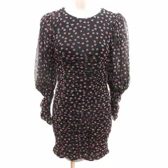 ザラ ZARA ワンピース ミニ シフォン 花柄 長袖 S 黒 ブラック ピンク /YK