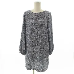 ザラ ベーシック ZARA BASIC ワンピース ひざ丈 長袖 総柄 ネイビー 紺 オフ白 XS