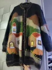 手編み 刺繍 カーディガン ロング丈