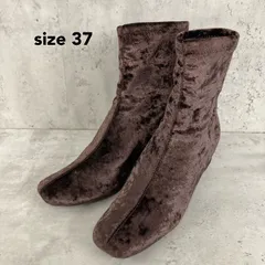 ショートブーツ ベルベット ベロア ブラウン 光沢 スクエアトゥ チャンキーヒール ローヒール サイドジップ 37 23.5cm 茶色 センターシーム ストレッチブーツ アンクルブーツ モード クラシック 上品 エレガント ★ ◆■