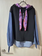 O'2nd オッズセカンド バイカラー WHO(フ) フードTシャツ ブラック デニム 袖 スカーフ Tシャツ