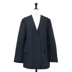 【美品】Plage プラージュ ジャケット ネイビー 紺 サイズ:38(M) / 25春夏 ストライプ サマー ジャケット / STRIPE SUMMER ノーカラー Vネック 長袖 リネン混 / アウター ブルゾン 上着 羽織り【レディース】【中古】のサムネイル