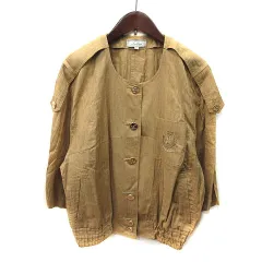 レリアン Leilian ノーカラージャケット 麻 リネン 刺繍 ワンポイント 七分袖 13+ イエローベージュ /MS ●RY