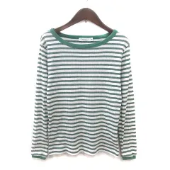 ニコアンド Niko and.. カットソー ボートネック ボーダー 長袖 M 緑 グリーン 白 ホワイト 黒 ブラック /MS