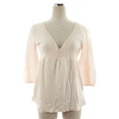 レイビームス Ray Beams ニット カットソー 七分袖 Vネック 胸下切替 薄手 コットン 無地 ピンク トップス