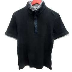 コムサイズム COMME CA ISM シャツ 半袖 ハーフジップ 重ね衿 チェック M 黒 ブラック /RT