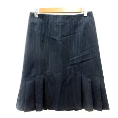 イネド INED フレアスカート ひざ丈 ストライプ ウール 9 M 紺 ネイビー /MN