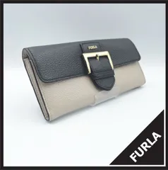✱FURLA（フルラ）✱バイカラー 長財布 二つ折り レザー ベージュ ブラック ベルトデザイン ゴールド金具 ロゴ刻印 箱付き