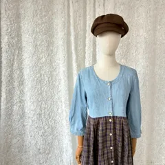 デニム切替チェック柄ワンピース　前ボタン　USA製　ヴィンテージ