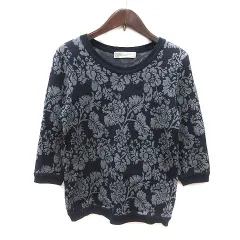 B&Y ユナイテッドアローズ BEAUTY&YOUTH ビューティー&ユース ニット カットソー Vネック 花柄 七分袖 紺 ネイビー 白 ホワイト /MS