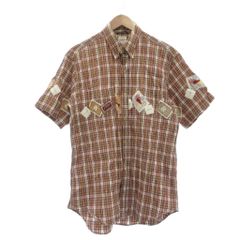 カールヘルム Karl Helmut シャツ M 赤 オレンジ マルチカラー チェック柄 半袖 ワッペン装飾 /SX ■GY60