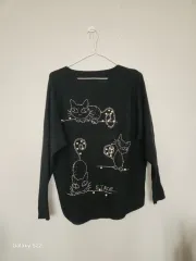 猫 刺繍 ブラック ニット 長袖Tシャツ
