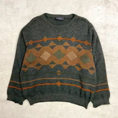 90年代 ベルギー製 Boneti アルパカ混 アクリルニットセーター スエードパッチ メンズ2XL相当 古着 90s VINTAGE ヴィンテージ クルーネック ビッグサイズ 大きいサイズ チャコールグレー ブラウン オレンジ