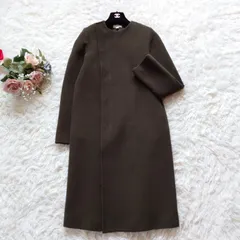 希少　ハイク　HYKE　カシミヤ　ウール　ノーカラー　ロングコート　ミリタリー　ミニマリズム　ジップアップ　カーキ　2　M　メルトン　比翼仕立てのサムネイル