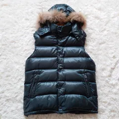 キャンプ7　CAMP7　Y2K　ダウンベスト　光沢　短丈　肉厚　フード　リアルファー　取り外し可能　大きいサイズ　オーバーサイズ　グリーン系　XL　お兄系　ストリート　00s