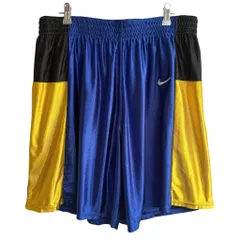 90's〜 USA製 NIKE ナイキ バスパン バスケットボールパンツ パフォーマンスパンツ ワンポイントロゴ 刺繍 青×黒×黄色 XLサイズ No.M564