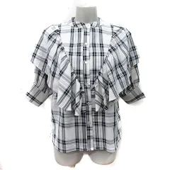 エムズエキサイト EMSEXCITE シャツ ブラウス 五分袖 フリル チェック F 白 ホワイト 黒 ブラック /YI