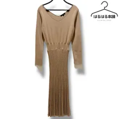 rienda ベージュ Vネック ワンピース リブニットロングワンピース 無地　フリーサイズ FREE タイト
