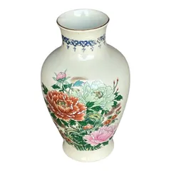 花瓶 花差し 陶器 白色 木仙 花柄 色絵 花柄 牡丹(ボタン）高さ約30cm 和モダン インテリア 中古