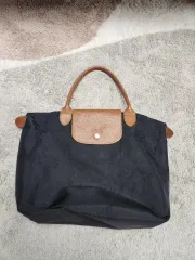 ロンシャン ブラック トートバッグ ブラウン ハンドル