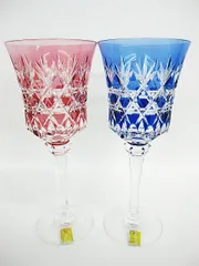 未使用 保管品 KAGAMI CRYSTAL カガミクリスタル 江戸切子 ワイングラス ペア 赤 青 日本製 日005-0215-4