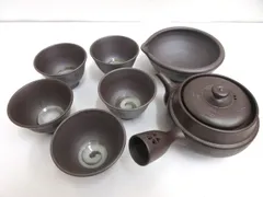 俊峯 作 萬古焼 茶器揃 茶碗 急須 湯さまし 7点セット 茶系 煎茶道具 陶芸品 共箱付