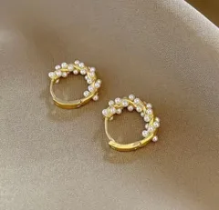 リングピアス フープピアス パール 高級感 高見え 上品 ゴールド パーティー  結婚式 ドレス 洋装