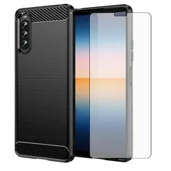 Asuwish Xperia 10 IV ケース/SO-52C/ SOG07 対応 +【1枚保護フィルム】全面保護ケース 炭素繊維 ブラシ柄 ソフト シリコン TPU 保護 カバー 軽量 滑り防止 耐衝撃 ワイヤレス充電対応 エクスペリア Xperia10iv