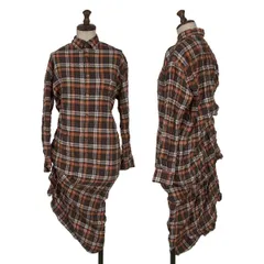 ジュンヤワタナベ コムデギャルソンJUNYA WATANABE COMME des GARCONS コットンシワ加工チェックつまみデザインシャツワンピース オレンジ茶他S