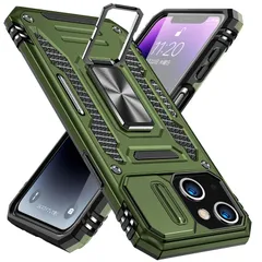 IPhone 13 Mini 用 ケース 耐衝撃 リング付き 衝撃吸収 落下防止 米国軍事MIL標準取得 スタンド機能 PC+TPU 二重構造 防塵 薄型 軽量 一体型 360度回転 全面保護カバー アイフォン 13 Mini 用 ケース [オリーブグリーン]