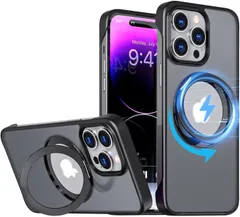 iPhone 15 Pro Max 用 ケース 【多機能360度回転 スタンド】【MagSafe対応・隠しスタンド】丸型スタンド付き 半透明 マグネット搭載 ワイアレス充電対応 【フレームレスデザイン】縦横両対応 角度調整 アイフォン 15promax 用 ケ