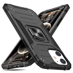 iPhone 12 Mini 用 ケース リング付き 衝撃吸収 耐衝撃 落下防止 米国軍事MIL標準取得 スタンド機能 PC+TPU 二重構造 防塵 薄型 軽量 一体型 360度回転 全面保護カバー アイフォン 用 ケース 黒 MJJ-SJ-1051-3-07