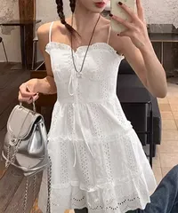 ティアードミニキャミワンピースエンブロ風　ホワイト