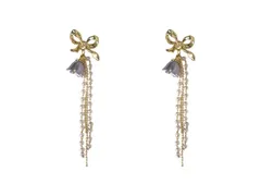 Yallaeen 鈴デザインピアス シルバー925 針 リボンデザイン ロングデザイン パールフリンジデザイン レディースピアス