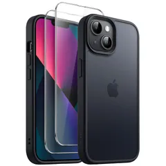 JETech 3 in 1 iPhone 13 6.1 インチ用 マットケース 2枚強化ガラスフィルム付き 半透明 つや消し 耐衝撃スマホカバー (ブラック)