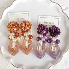 スエードフラワー 3色パール マーブル雫《ピアス/イヤリング》