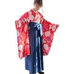 新品 [キャサリンコテージ]卒業式 卒園式 着付け 簡単 刺繍入り袴 着物 和装セット 女の子 HAKAST18 110cm 猫と芍薬赤×紺袴[E3] TAK