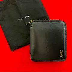 極 美品 保存袋付 SAINT LAURENT PARIS サンローランパリ YSL ロゴ 金具 レザー ラウンドジップ 二つ折り 財布 ブラック 黒 76338