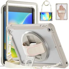 SENLAN iPad 10.2インチ第9/8/7世代 用ケース 肩掛け 360度 回転 ハンドベルト 縦置き 横置き スタンド ショルダーストラップ付き 頑丈 斜め掛け ペン収納 耐衝撃 TPU+PC 半透明カバー (カーキ)
