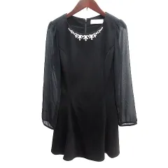 ミシェルマカロン michell Macaron ワンピース ミニ 切替 ラインストーン 長袖 XS 黒 ブラック /AU