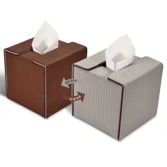 KINGFOM ティッシュボックス ティッシュケース 車 PUレザー オフィス おしゃれ (四角, 縦縞(ブラウン+グレー))